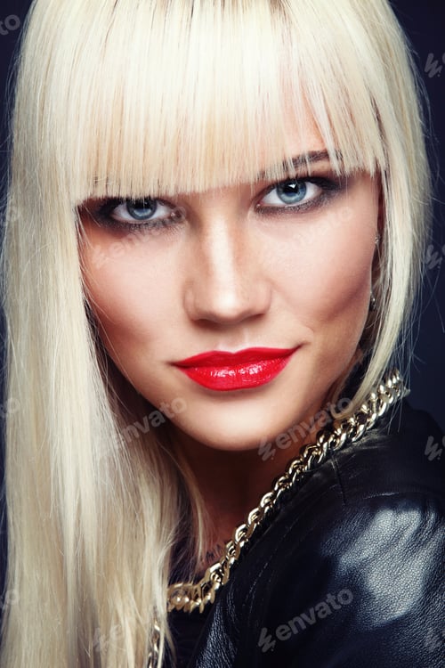Preview: Portrait Of Young Beautiful Stylish Platinum Blond Woman With Red Lipstick