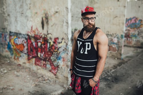 Preview: Young Handsome Fashion Bearded Model Man In Urban Context