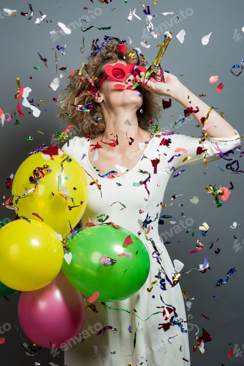Preview: Attractive Blonde Women Holding Balloons. Celebrating Concept. Isolated