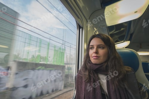 Preview: Beautiful Young Brunette With Long Hair Travelling By Train