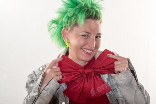 Preview: A Caucasian Girl In A Green Dress And Green Hair Is Preparing For The Holidays. Dress Rehearsal