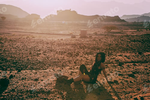 Preview: Beautiful Young Woman In Timna, Desert In Israel. Rocks In Sunset Time. Mystic Concept