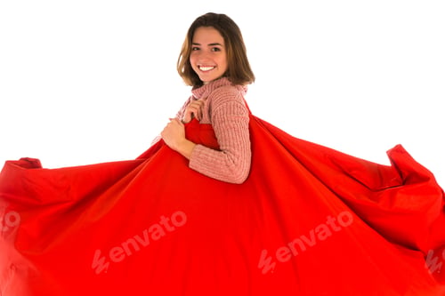 Preview: Smiling Woman Holding On Her Shoulder Red Rectangular Shaped Beanbag Sofa Chair For Living Room Or