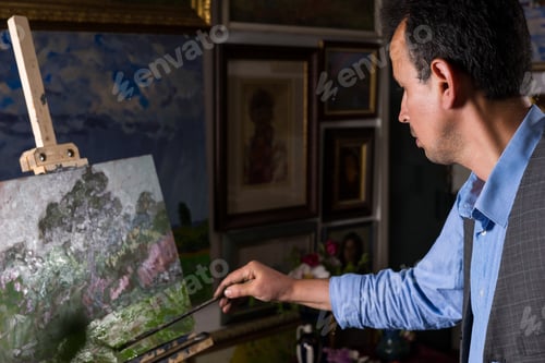 Preview: Contemplative Male Painter Ending His Masterpiece Of A Garden Scene With Flowers And Trees In His
