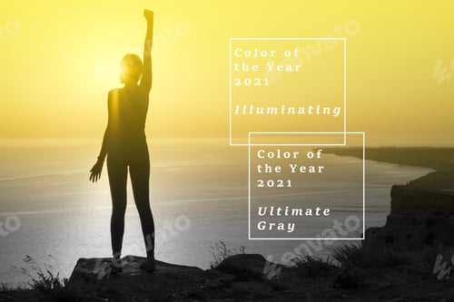 Preview: Beautiful Seascape At Sunset. Silhouette Sports Girl In The Winner'S Pose. Trendy Colors Of The