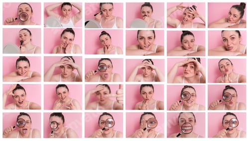 Preview: Woman Making Faces in Collage on Pink Background