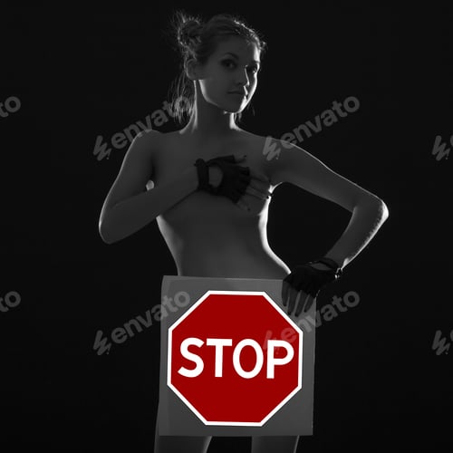 Preview: Beautiful Sexy Young Woman Covering Her Naked Body Prohibitory Sign.
