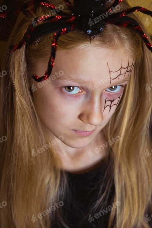 Preview: Halloween - Girl In A Suit With A Pattern On Her Face And With A Pumpkin
