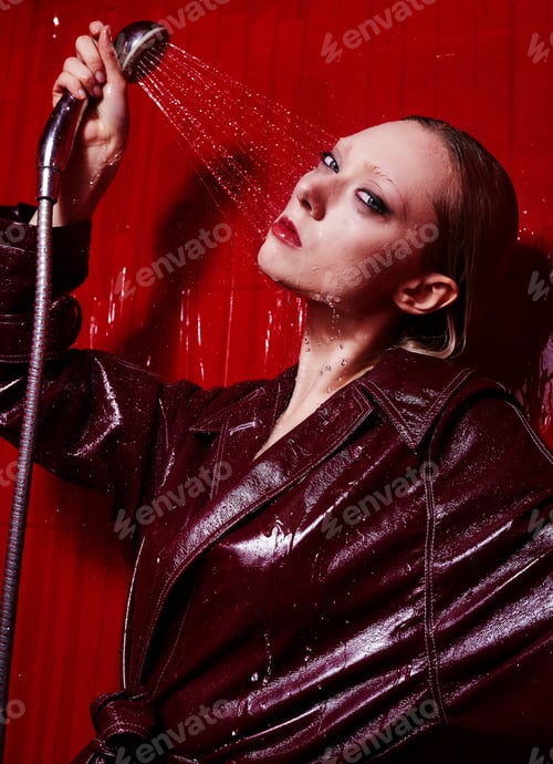 Preview: Girl Model In A Red Coat In A Bathroom With Red Walls.