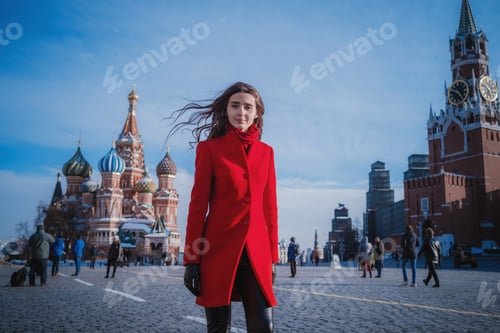 Preview: Happy Women Walking In Red Coat At The Red Square In Moscow. Cold Time Between Winter And Spring