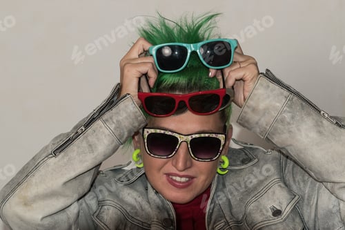 Preview: A Crazy Girl With Green Hair Advertises Various Styles Of Glasses. The Concept Of Fun And