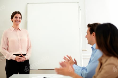 Preview: Portrait Of Professional Team Giving Applause To Businesswoman With Pink Shirt Who Is Standing In