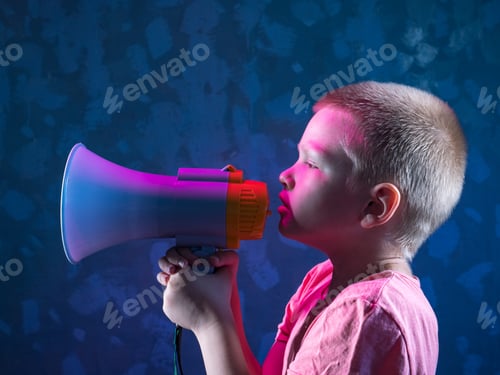Preview: Child Screaming Into Loudspeaker. Kid Shouting Through Megaphone. Communication Concept. Black