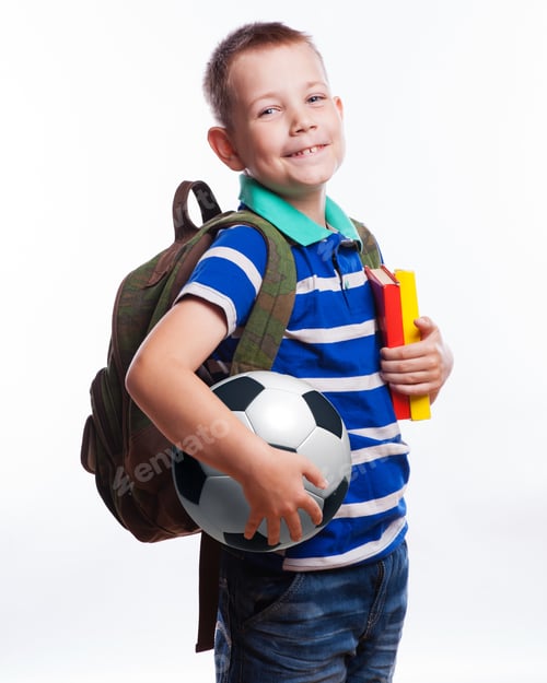 Preview: Happy Schoolboy With Backpack, Ball And Books Isolated On White Background