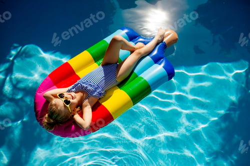 Preview: Cute Little Girl In A Swimsuit And Sunglasses Swims In A Pool Shaped Like A Large Ice Cream, Top