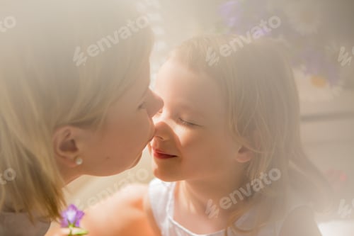 Preview: Mother-Daughter Morning In Bed Cuddling.Good Morning! Beautiful Kind Nice-Looking Charming Mom