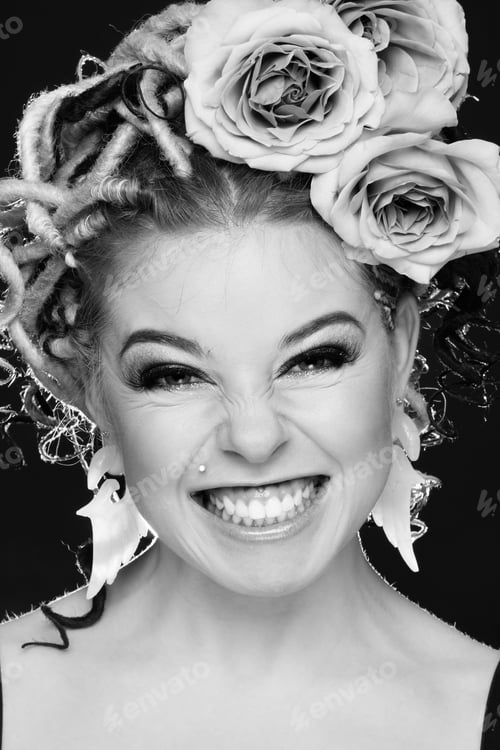 Preview: Black And White Portrait Of Young Freaky Sexy Girl With Wild Expression