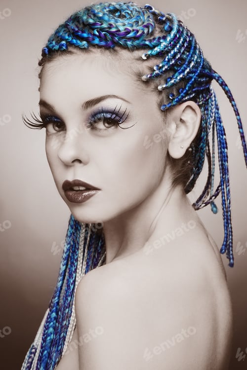 Preview: Sepia Coloured Portrait Of Young Beautiful Girl With Blue Braids And Huge Fancy Fake Eyelashes