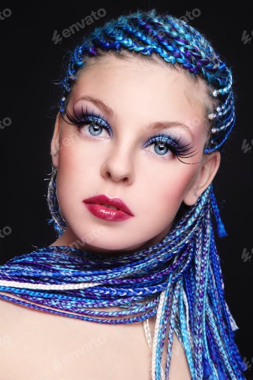 Preview: Portrait Of Young Beautiful Girl With Fancy Blue Hairstyle And Extra Long Fake Eyelashes
