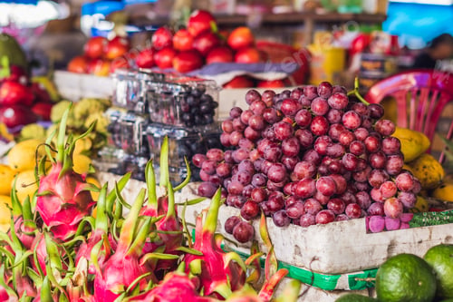 Preview: Variety Of Fruits On The Vietnamese Market. Asian Cuisine Concept.