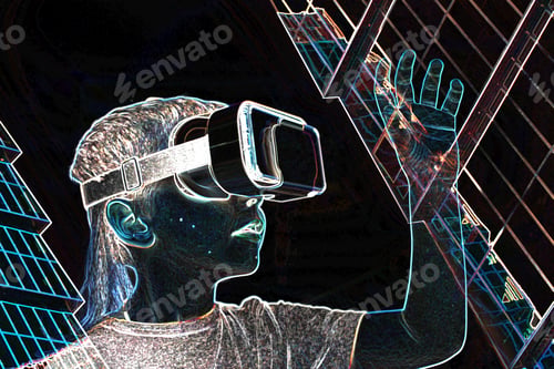 Preview: Child In Neon Effect With Virtual Reality Glasses. Emotional Portrait Of Child Experiencing 3D