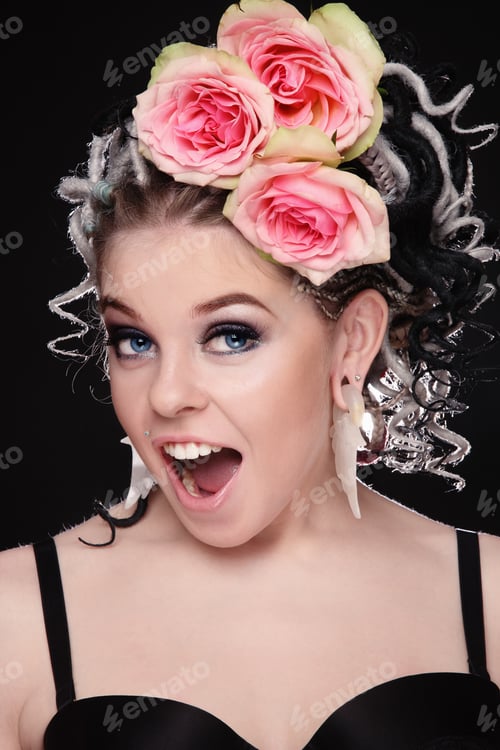 Preview: Beautiful Young Sexy Girl With Fancy Hairstyle And Roses Crying