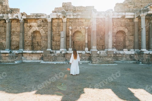 Preview: A Middle-Aged Woman In A Long White Dress Among Ancient Ruins In Sun Rays In The Center Of The Old