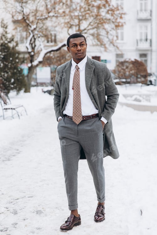 Preview: Portrait Of Handsome African - American Businessman Using Smartphone In Snowy Winter City Street