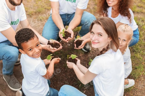 Preview: Volunteers With Young Plants Outdoors