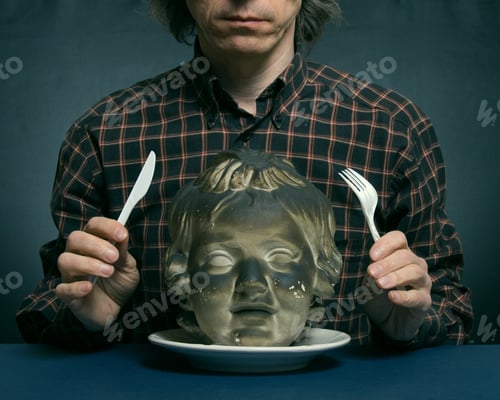 Preview: Plaster Head Angel On His Plate. Metaphor