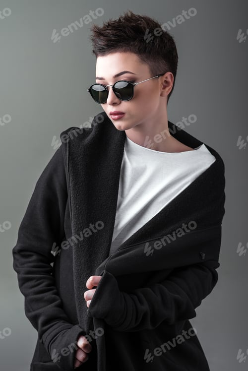 Preview: Beautiful Young Girl With Short Hair In A Shirt And Jacket