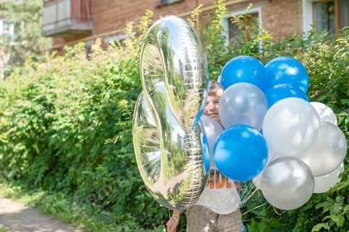 Preview: Boy On His 8Th Birthday. Boy With Balloons For His Birthday.