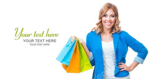 Preview: Happy Smile Blond Woman With Shopping Bags, Isolated On White Background. Waist Up Studio Shot With