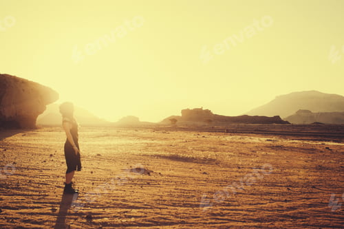 Preview: Beautiful Young Woman In Timna, Desert In Israel. Rocks In Sunset Time. Mystic Concept