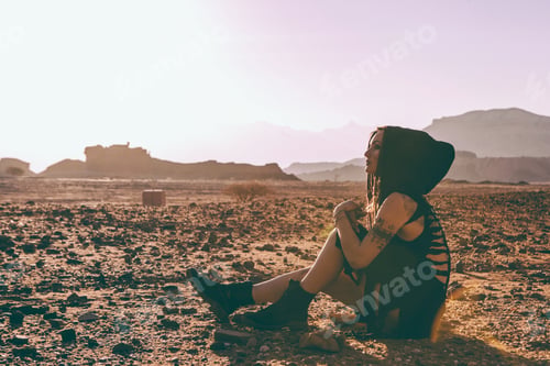Preview: Beautiful Young Woman In Timna, Desert In Israel. Rocks In Sunset Time. Mystic Concept