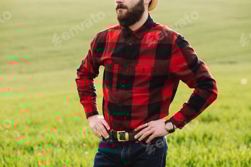 Preview: Young Bearded Agronomist Standing In Cultivated Wheat Crops Field