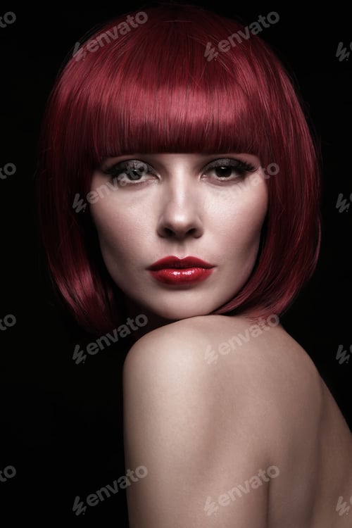 Preview: Portrait Of Young Beautiful Sexy Redhead Woman With Stylish Bob Haircut