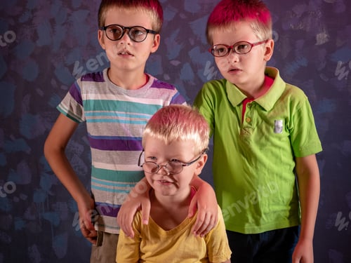 Preview: Funny Children Brothers With Glasses Play Together At Home. Children Go To School For Visually