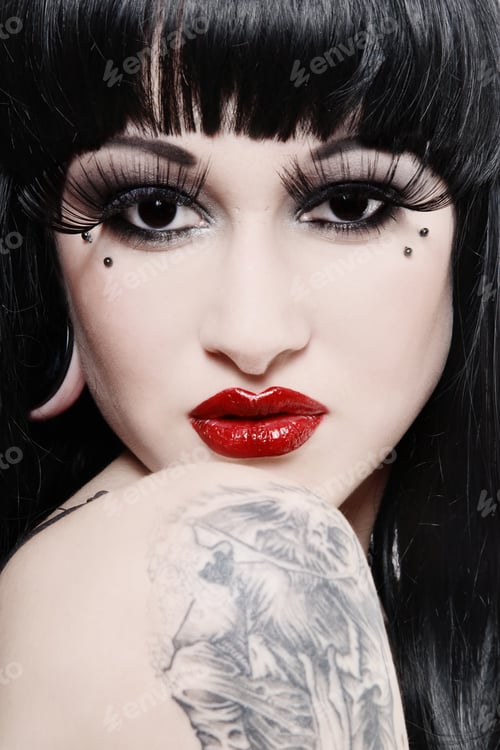 Preview: Black And White Colored Portrait Of Woman With False Eyelashes And Red Lips