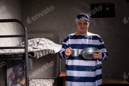 Preview: A Male Prisoner Wearing Prison Uniform Holding Aluminum Dishes Standing Near A Bunk Bed In A Prison