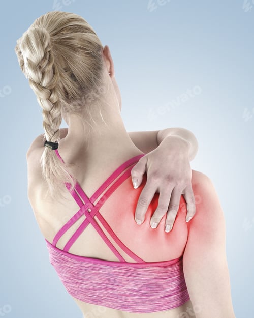 Preview: Acute Pain In A Woman Shoulder. Female Holding Hand To Spot Of Shoulder-Aches.