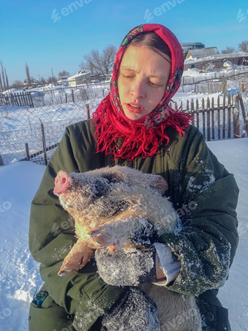 Preview: Cute Peasant Woman In Traditional Russian Red Kerchief Holds Piglet Covered With Ice And Hoarfrost