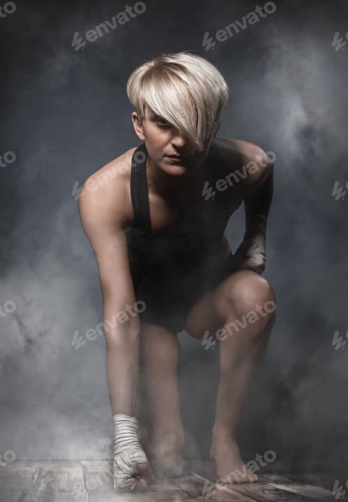 Preview: Sporty Athletic Woman Ready For Hard Training, Smoke Around