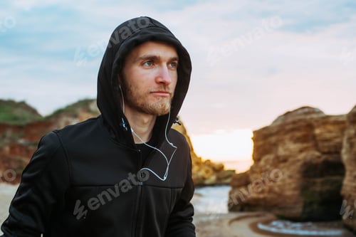 Preview: Running Man. Male Runner Jogging During The Sunrise On Beach.