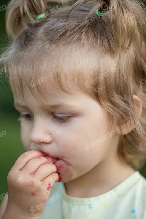 Preview: The Little Girl Eats Cherry In The Garden. Summer