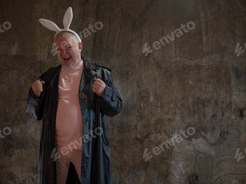 Preview: Elderly Man In Pink Pajamas, Rabbit Ears And Leather Coat Of Exhibition Maniac Is Dancing Against