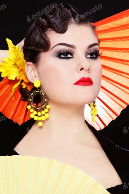 Preview: Beautiful Stylish Girl In Flamenco Costume With Two Colorful Fans