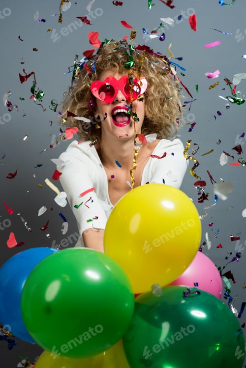 Preview: Attractive Blonde Women Holding Balloons. Celebrating Concept. Isolated