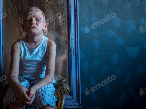 Preview: Upset Blond Child In Pink Glasses Front Of Mirror Has Chickenpox. Mother Smeared Follicles With