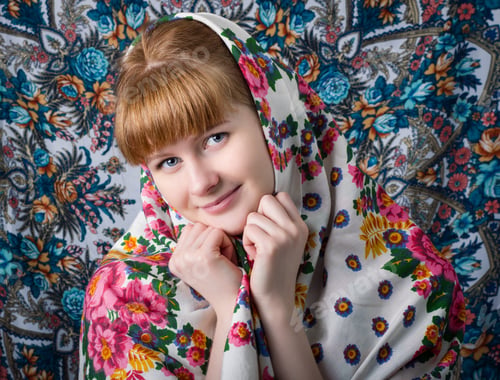 Preview: Portrait Of A Young Woman In A Traditional Russian Dress Scarf..